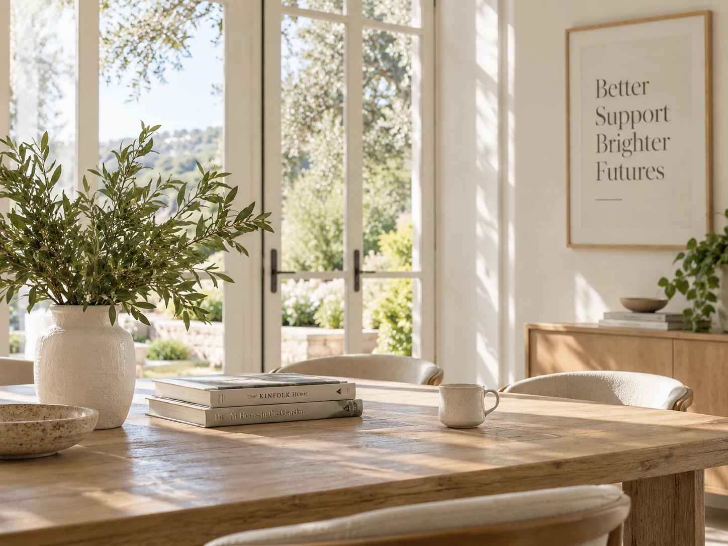 A bright dining room with a vase of greenery on a wooden table