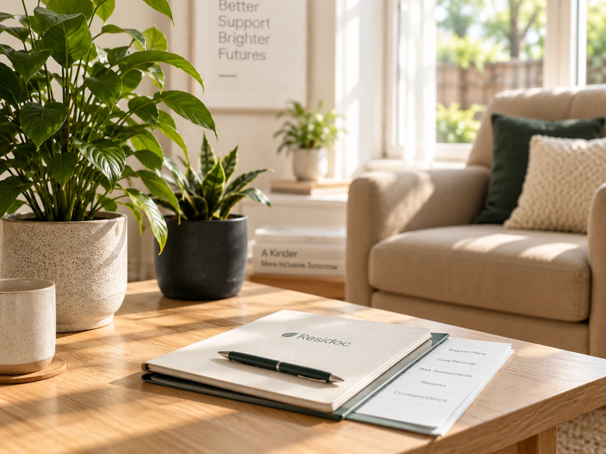 A calm living room with a plant and an organised folder on a coffee table