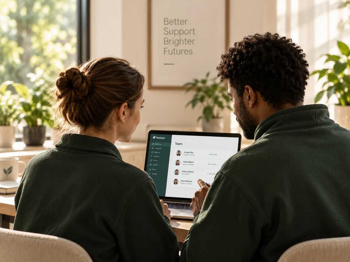 Two colleagues looking at Residoc on a laptop together