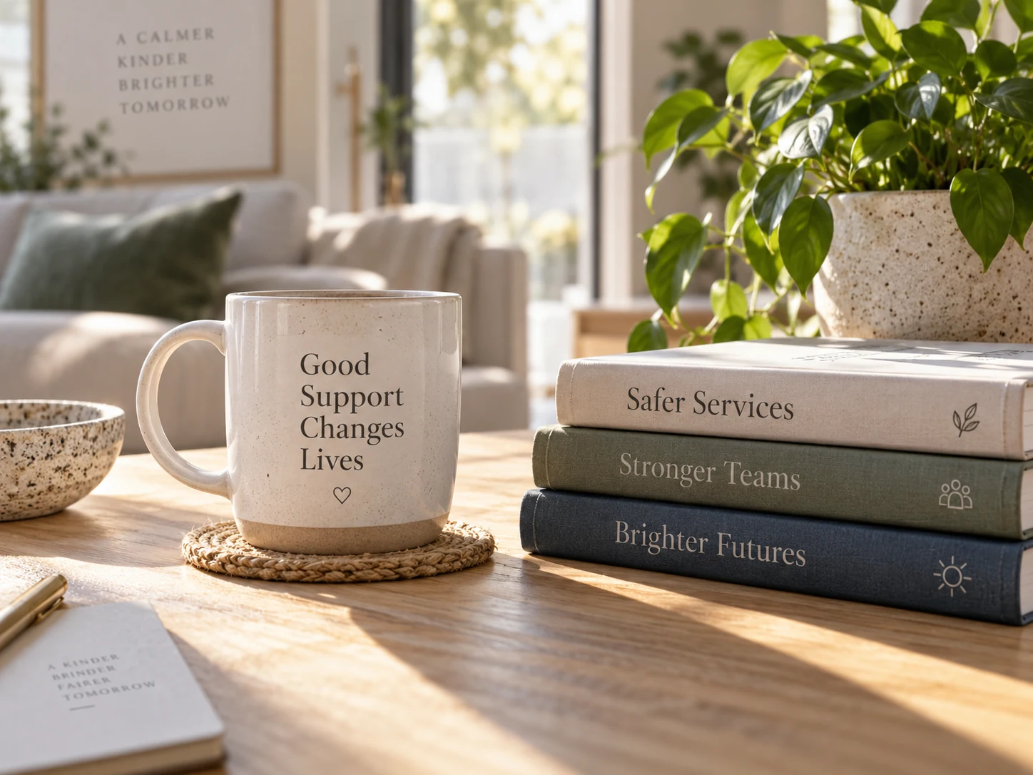 A mug and a stack of books on a sunlit wooden table