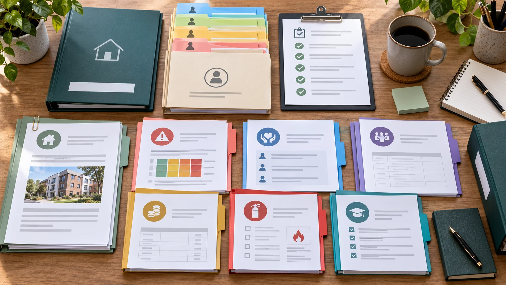Illustrated folders representing resident records, support plans, risks, finances, fire safety and staff training.