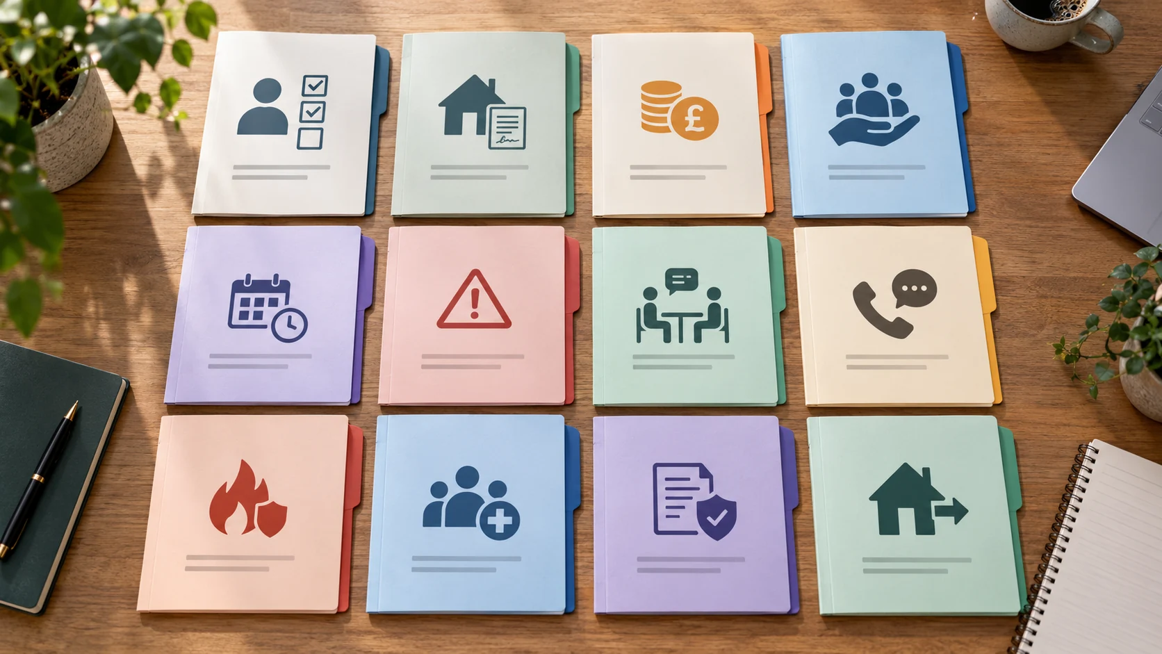 Illustrated folders representing resident assessments, agreements, support records and safety information.