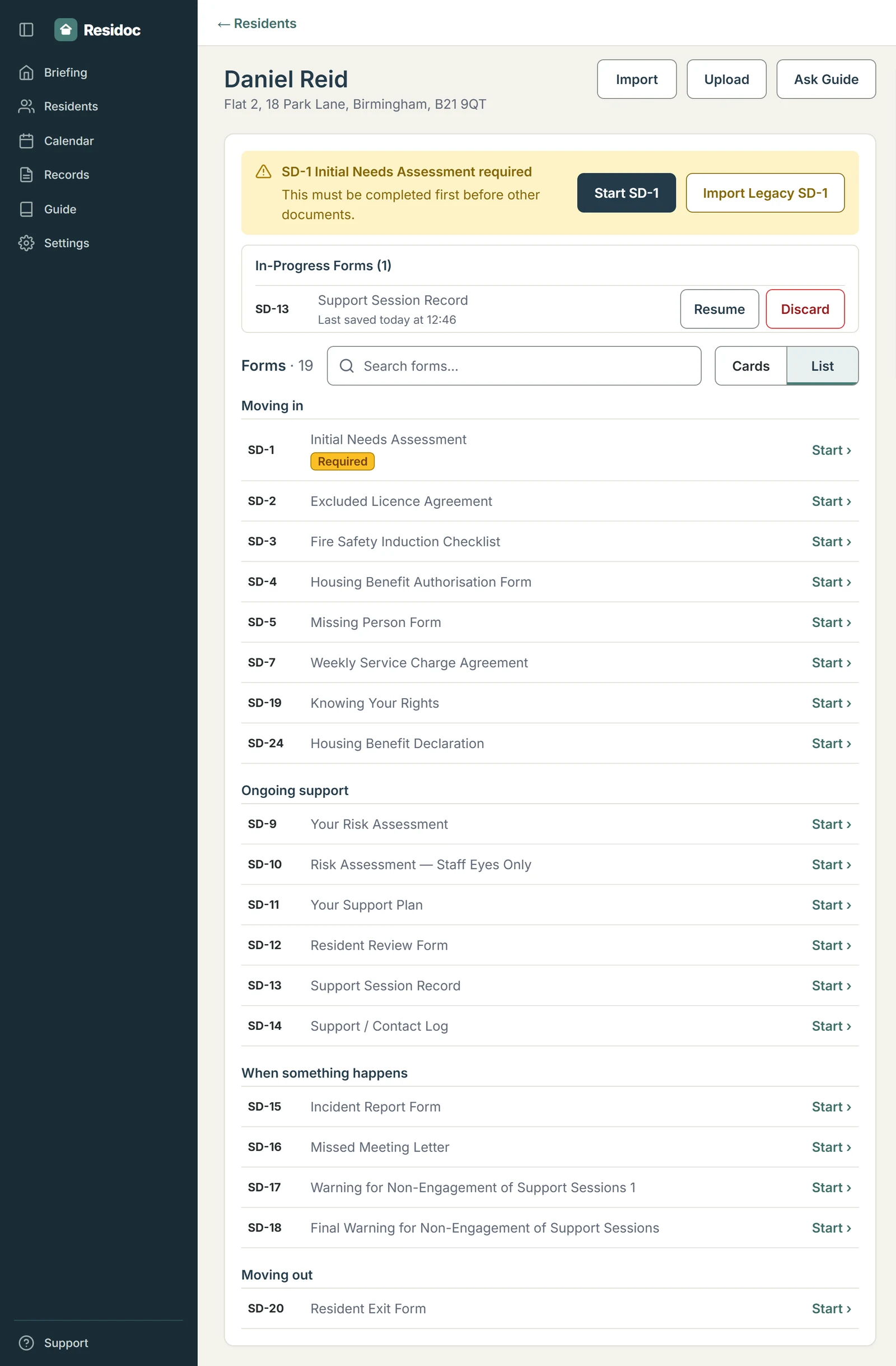 A resident's page in Residoc, listing the SD forms under Moving in, Ongoing support, When something happens and Moving out.