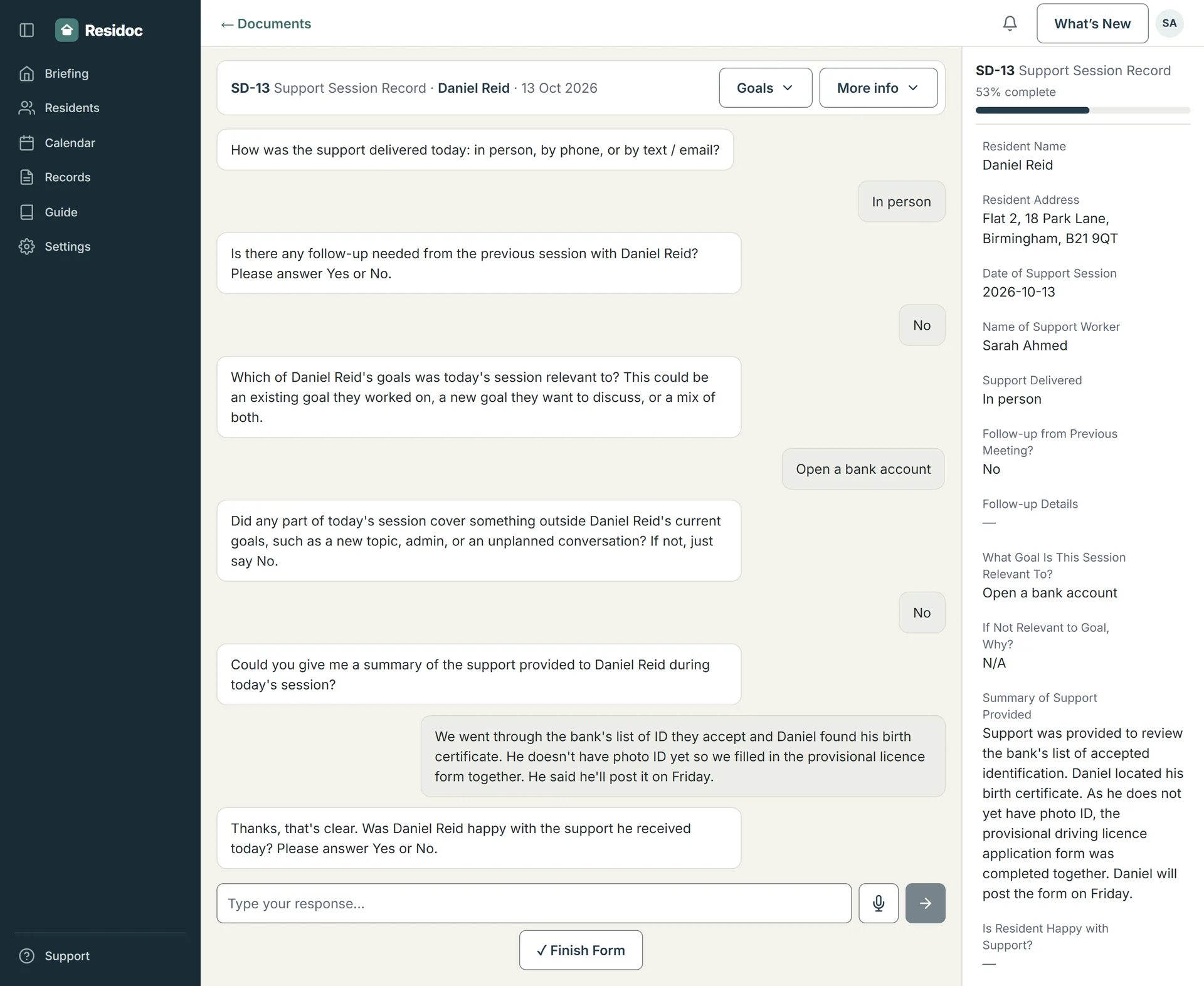 A Support Session Record in Residoc. The conversation with the support worker is on the left and the record it produces is on the right.