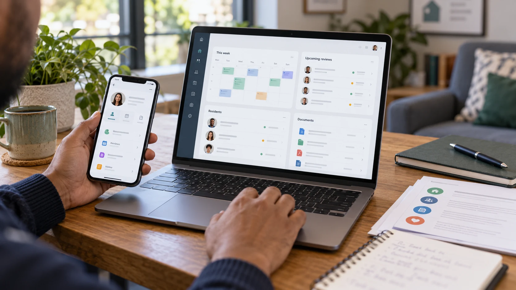 Illustration of a laptop and phone displaying a calendar, resident records and review reminders.