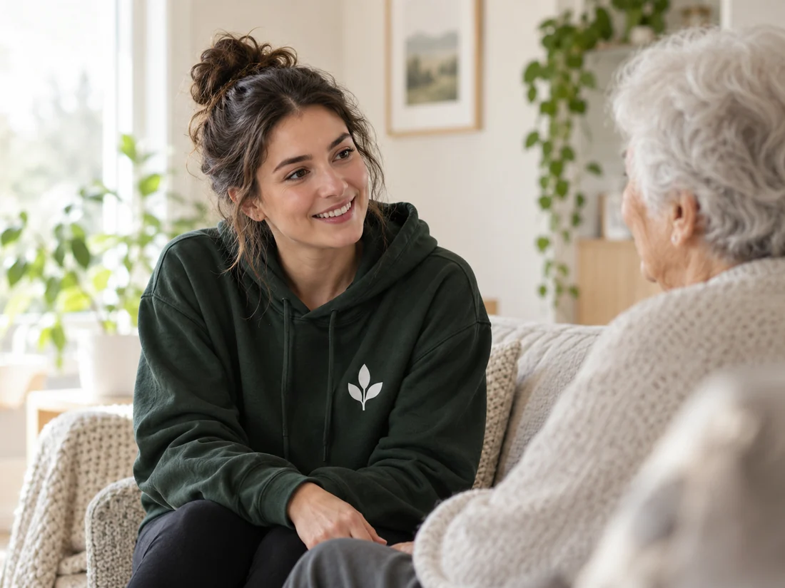 A support worker smiling as she talks with an older resident in a bright living room