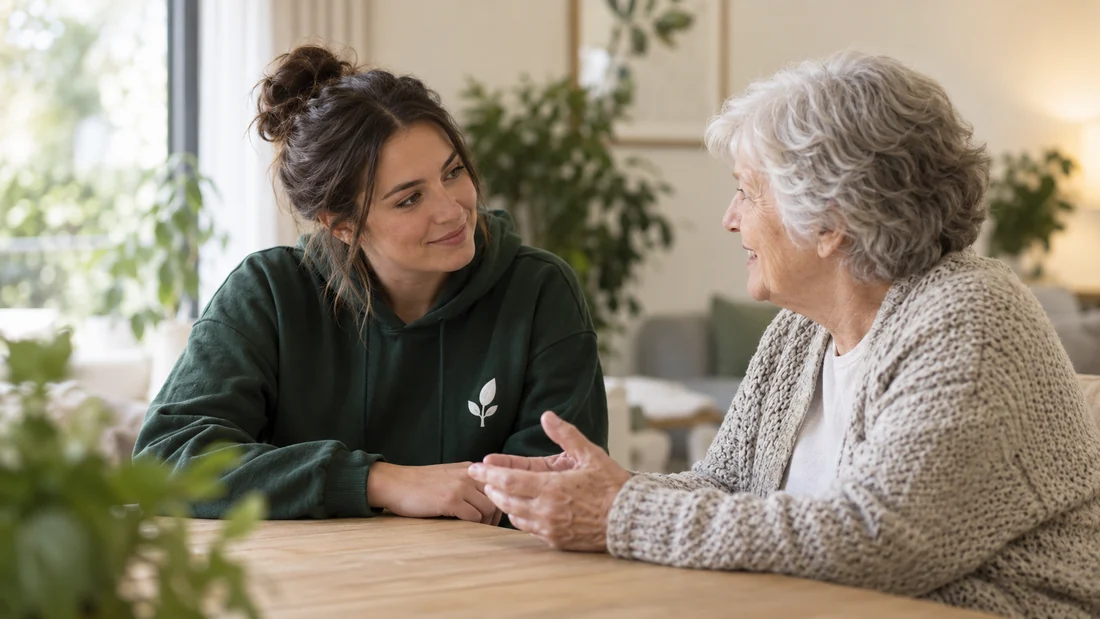 A support worker and an older resident talking together at a kitchen table